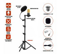 Конденсаторный микрофон BM800 с USB адаптером, кабелем XLR - Jack 3.5 мм, ветрозащитой на напольной стойке с держателем паук и поп-фильтром, черно-золотой