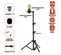 Конденсаторный микрофон BM800 с USB адаптером, кабелем XLR - Jack 3.5 мм и ветрозащитой на напольной стойке с держателем паук, черно-золотой