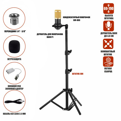 Конденсаторный микрофон BM800 с USB адаптером, кабелем XLR - Jack 3.5 мм и ветрозащитой на напольной стойке с держателем паук, черно-золотой