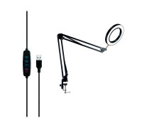 Настольная лампа в виде светодиодного светильника диаметром 15 см на пантографе со струбциной