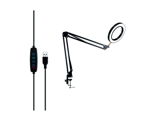 Настольная лампа в виде светодиодного светильника диаметром 15 см на пантографе со струбциной