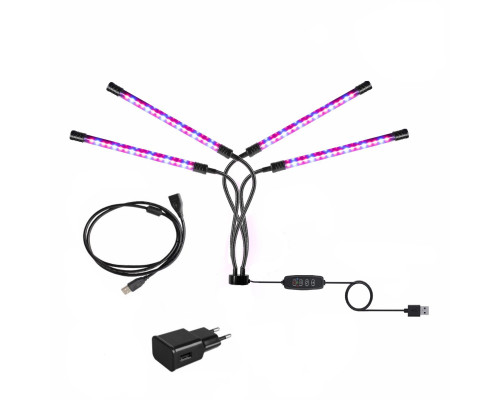 Фитолампа светодиодная 4 панели, светильник для растений с креплением на штатив с резьбой 1/4’’, пультом на проводе, удлинителем 1.5 м и адаптером