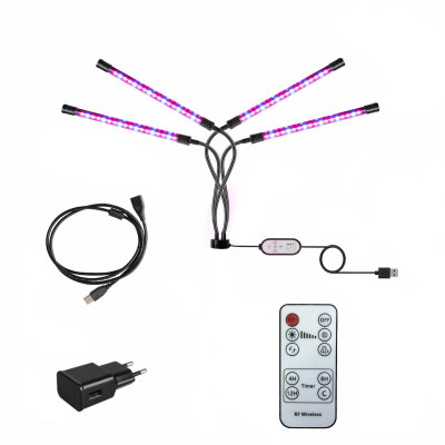 Фитолампа светодиодная 4 панели под штатив с резьбой 1/4, с пультом на проводе, пультом ДУ, удлинителем 1.5 м и адаптером