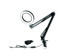 Настольная светодиодная лампа лупа LN-22A на усиленной струбцине с адаптером питания к сети 220В, черная