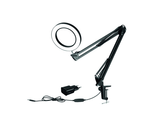 Настольная светодиодная лампа лупа LN-22A на усиленной струбцине с адаптером питания к сети 220В, черная