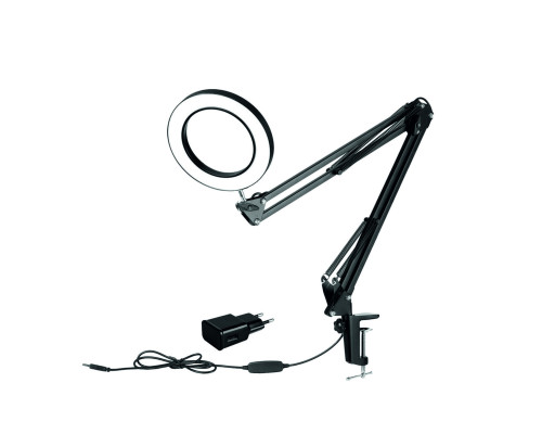 Настольная светодиодная лампа лупа LN-33A на усиленной струбцине с адаптером питания к сети 220В, черная