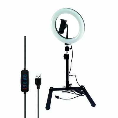 Кольцевая лампа RGB F-200Q 20 см на настольном штативе для горизонтальной съемки с держателем телефона
