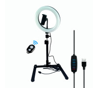 Кольцевая лампа RGB-1 20 см на настольном штативе для горизонтальной съемки с держателем телефона и Bluetooth кнопкой 