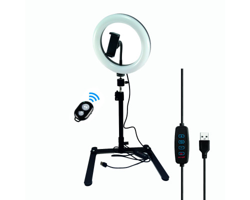 Кольцевая лампа RGB-1 20 см на настольном штативе для горизонтальной съемки с держателем телефона и Bluetooth кнопкой 