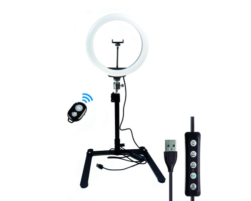 Кольцевая лампа RGB 26 см на настольном штативе для горизонтальной съемки с держателем телефона и Bluetooth кнопкой