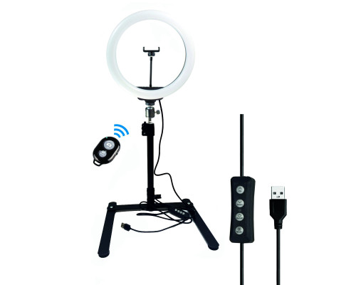 Кольцевая лампа 30 см для горизонтальной съемки на настольном штативе с держателем телефона и Bluetooth кнопкой