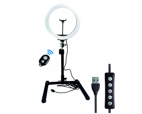 Кольцевая лампа RGB 30 см для горизонтальной съемки на настольном штативе с держателем телефона и Bluetooth кнопкой
