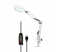 Белая лампа лупа светодиодная настольная LN-22W на усиленной белой струбцине