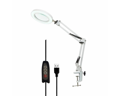 Белая лампа лупа светодиодная настольная LN-22W на усиленной белой струбцине