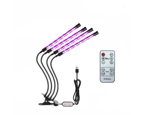 Фитолампа светодиодная, светильник для растений с регулируемым зажимом, пультом на проводе и пультом ДУ, 4 панели