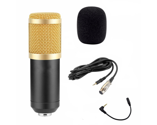 Микрофон BM-800 конденсаторный c ветрозащитой, кабелем XLR-Jack 3.5 и переходником для подключения к телефону, черно-золотой