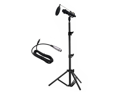 Конденсаторный микрофон E300 с кабелем XLR - Jack 3.5 мм на напольной стойке с держателем паук и поп-фильтром