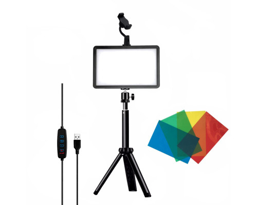 Портативная светодиодная LED панель с цветными фильтрами RAG-2T3 на настольной треноге с универсальным держателем для телефона и шарнирным креплением