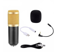 Микрофон BM-800 конденсаторный с ветрозащитой, кабелем и переходником Type-C для подключения к телефону, черно-золотой