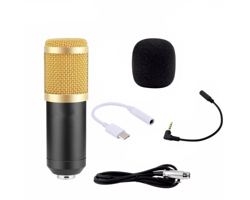 Микрофон BM-800 конденсаторный с ветрозащитой, кабелем и переходником Type-C для подключения к телефону, черно-золотой