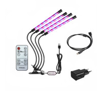 Фитолампа светодиодная 4 панели, светильник для растений с регулируемым зажимом, пультом на проводе, пультом ДУ, удлинителем 3 м и адаптером 