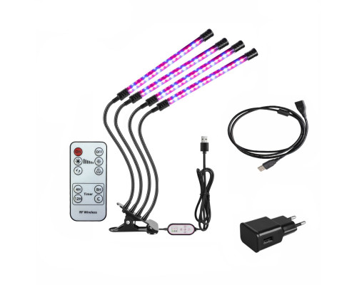 Фитолампа светодиодная 4 панели, светильник для растений с регулируемым зажимом, пультом на проводе, пультом ДУ, удлинителем 3 м и адаптером 