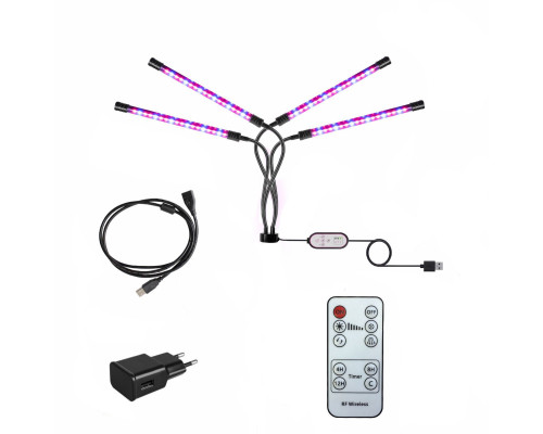 Фитолампа светодиодная 4 панели под штатив с резьбой 1/4, с пультом на проводе, пультом ДУ, удлинителем 3 м и адаптером