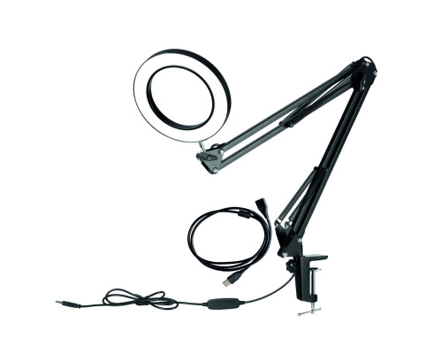 Настольная светодиодная лампа лупа LN-22U15 на усиленной струбцине с доп удлинителем кабеля 1.5 м, черная