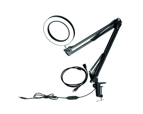 Настольная светодиодная лампа лупа LN-33U30 на усиленной струбцине с доп. удлинителем кабеля 3 м, черная