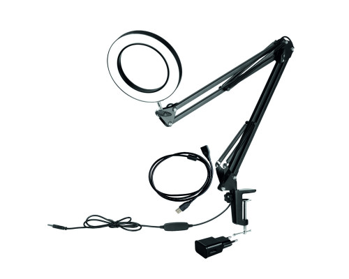 Настольная светодиодная лампа лупа LN-22U15A на усиленной струбцине с доп удлинителем кабеля 1.5 м и адаптером питания к сети 220В, черная