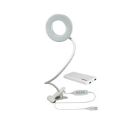 Гибкий светильник настольный RLW-9bd на прищепке, диаметр 9 см, белый, с внешним аккумулятором