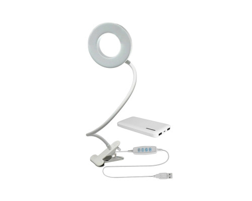 Гибкий светильник настольный RLW-9bd на прищепке, диаметр 9 см, белый, с внешним аккумулятором