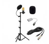 Конденсаторный микрофон BM800 с USB адаптером, кабелем XLR - Jack 3.5 мм, ветрозащитой на напольной стойке с держателем паук и поп-фильтром, черно-золотой