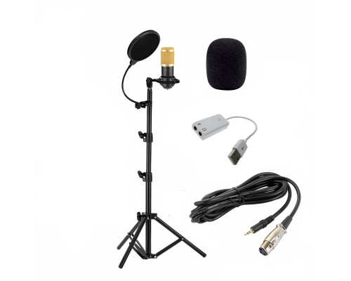 Конденсаторный микрофон BM800 с USB адаптером, кабелем XLR - Jack 3.5 мм, ветрозащитой на напольной стойке с держателем паук и поп-фильтром, черно-золотой