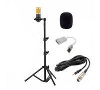 Конденсаторный микрофон BM800 с USB адаптером, кабелем XLR - Jack 3.5 мм и ветрозащитой на напольной стойке с держателем паук, черно-золотой
