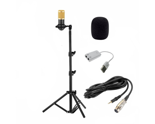 Конденсаторный микрофон BM800 с USB адаптером, кабелем XLR - Jack 3.5 мм и ветрозащитой на напольной стойке с держателем паук, черно-золотой