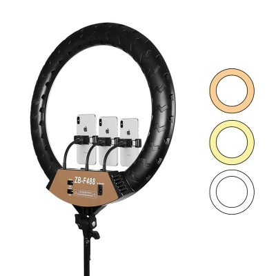 Кольцевая селфи лампа ZB-F488, 3 держателя для смартфона, диаметр 55 см, усиленный штатив 1.8 м