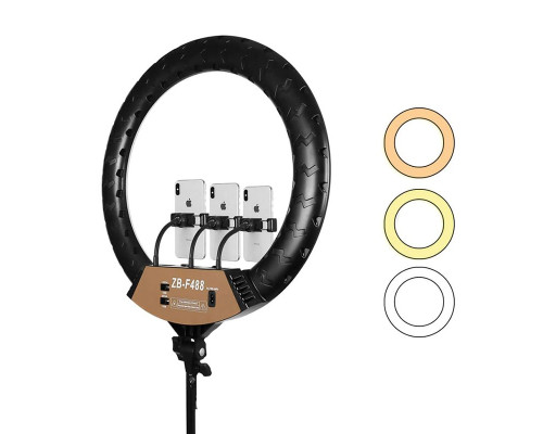 Кольцевая селфи лампа ZB-F488, 3 держателя для смартфона, диаметр 55 см, усиленный штатив 1.8 м