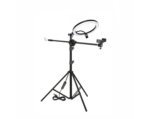 Напольная стойка штатив JBH-G114 с кольцевой лампой 36 см, крючком для противовеса и держателем телефона для горизонтальной съемки