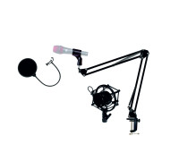 Микрофонная стойка пантограф NBS-3518 с усиленной струбциной, металлическим держателем паук и поп-фильтром диаметром 15.5 см