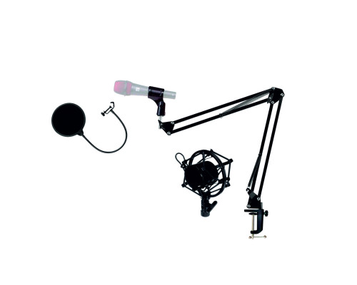 Микрофонная стойка пантограф NBS-3518 с усиленной струбциной, металлическим держателем паук и поп-фильтром диаметром 15.5 см