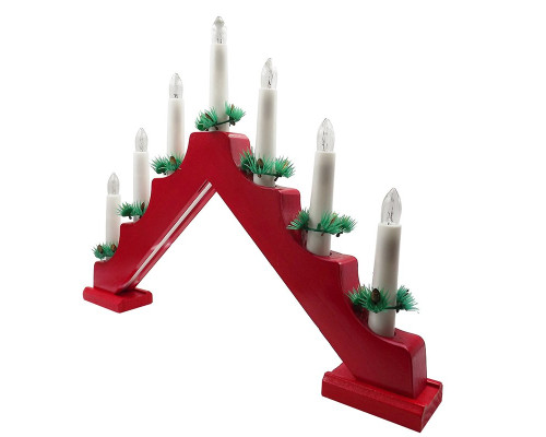 Светильник рождественская горка на деревянной основе с комплектом запасных ламп 7 шт, красная