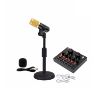 Микрофон BM-800 с кабелем XLR - Jack 3.5 на настольной подставке с держателем прищепкой и со звуковой картой микшер V8 в коробке