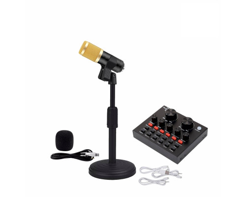 Микрофон BM-800 с кабелем XLR - Jack 3.5 на настольной подставке с держателем прищепкой и со звуковой картой микшер V8 в коробке