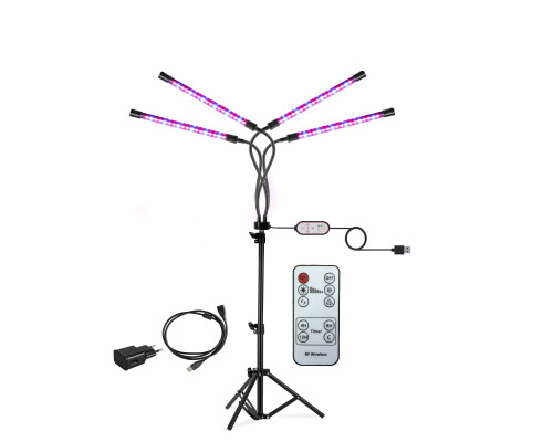 Фитолампа светодиодная, светильник для растений 4 панели на штативе FL-JBH-RC15 с пультом на проводе, пультом ДУ, удлинителем 1,5 м и адаптером
