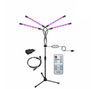 Фитолампа светодиодная, светильник для растений  4 панели на штативе FL-ML-RC15 с пультом на проводе и ДУ, удлинителем 1,5 м и адаптером