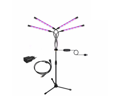 Фитолампа светодиодная, светильник для растений 4 панели на штативе FL-ML-P3 с пультом на проводе и удлинителем 3 м с адаптером
