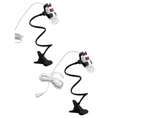 Светильник патрон c фитолампой 12Вт с выключателем и кабелем на гибком черном держателе с пластиковым зажимом, 2 шт