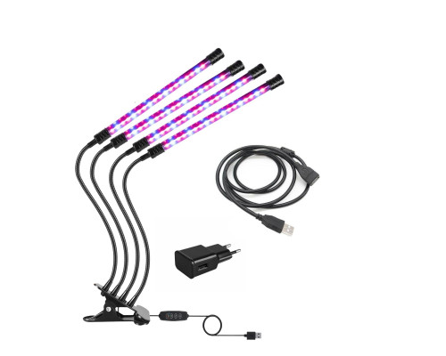 Фитолампа светодиодная 4 панели, светильник для растений с регулируемым зажимом, пультом на проводе, удлинителем 1.5 м и адаптером