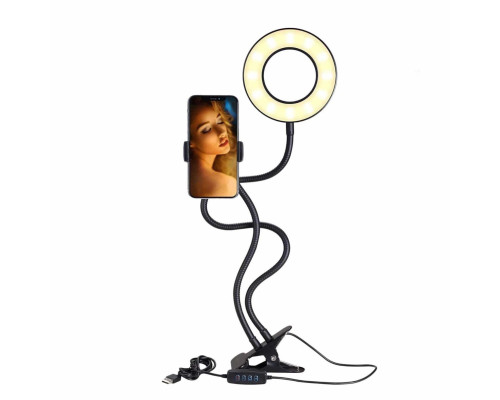 Кольцевая лампа RL9 с гибким креплением для телефона и прищепкой, черная
